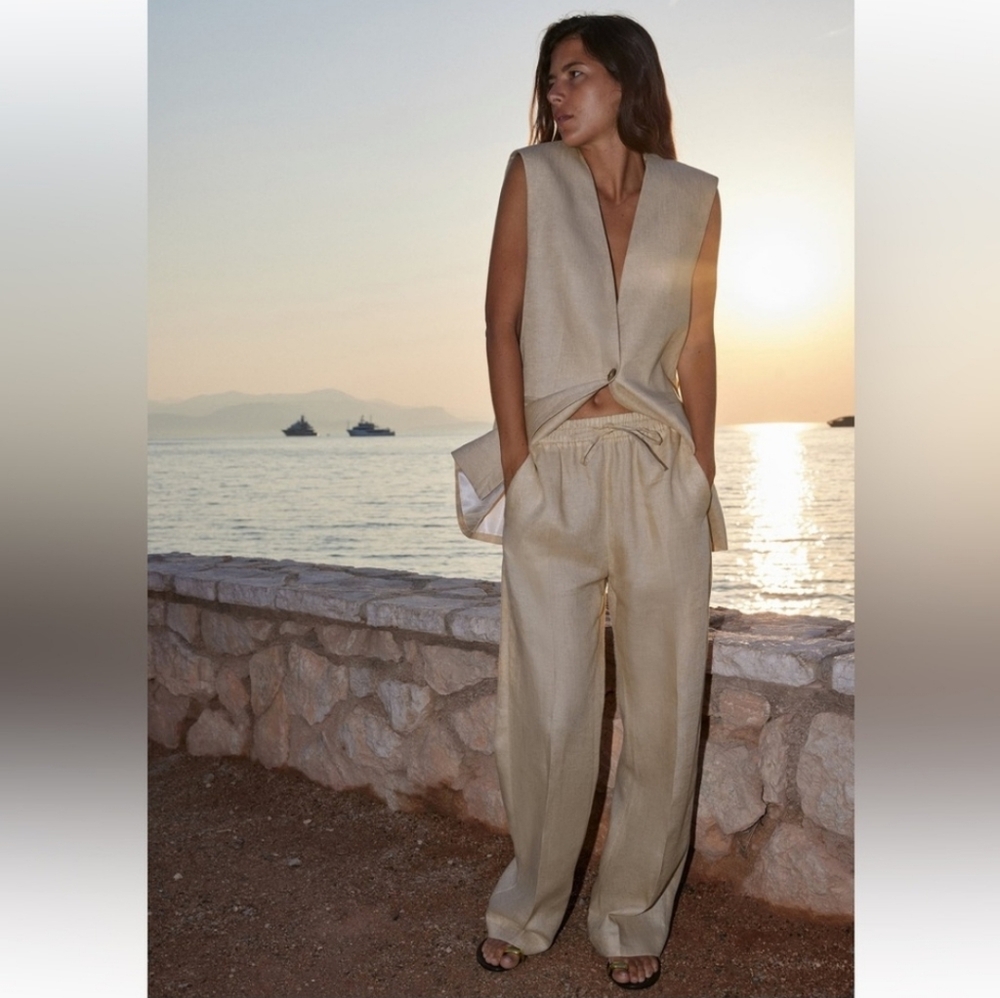 Zara 100% LINEN VEST LONG Beige Size S New - Picture 3 of 11